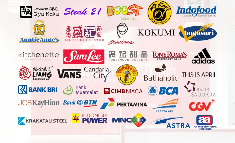 Logo klien PT. Global Mitra Proteksindo, antara lain Indofood, BCA, Bank BRI, Pertamina, adidas, Kereta Api, dan CGV
