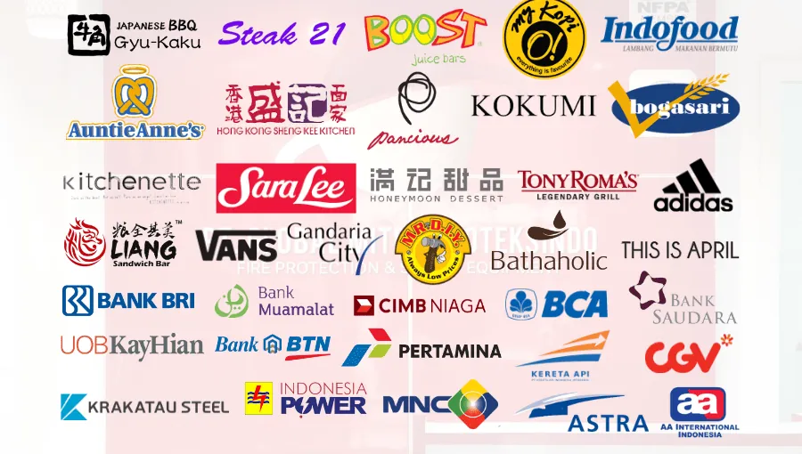 Logo klien Starvvo, antara lain Pertamina, Indofood, BCA, Bank BRI, CIMB Niaga, Kereta Api, CGV, Krakatau Steel, Indonesia Power, MNC, Astra, dan adidas